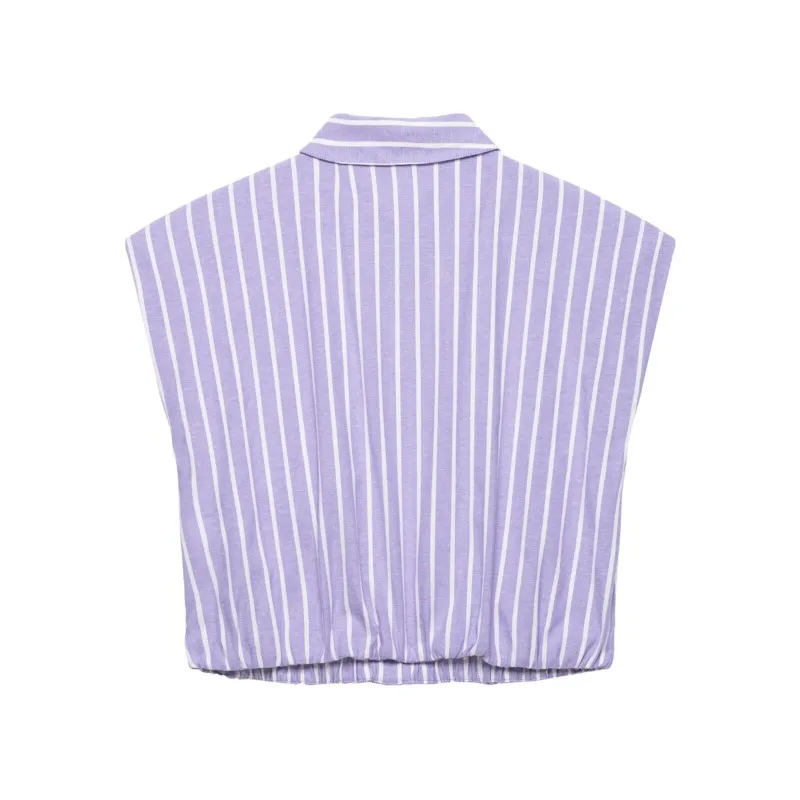 Women's Striped Short Shirts New 2026 Spring Summer Women Simple Sleeveless Puffed Hem Shirts & Blouses Female Chic Tops