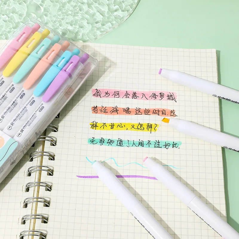 6Pcs/Set Retractable Highlighters Macaron-Colored Student Markers Emphasize Key Points Note-Taking Journaling Marker Pen