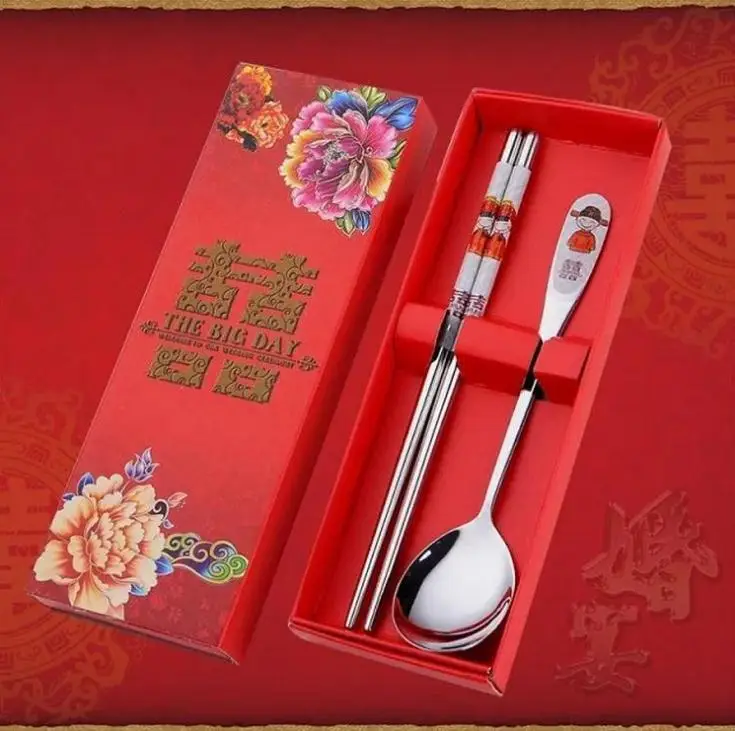 100 Pcs/lot Stainless Steel Dinnerware Double Happiness Red Color Spoons Chopstick Sets Wedding Party Gifts For Guest Wholesale