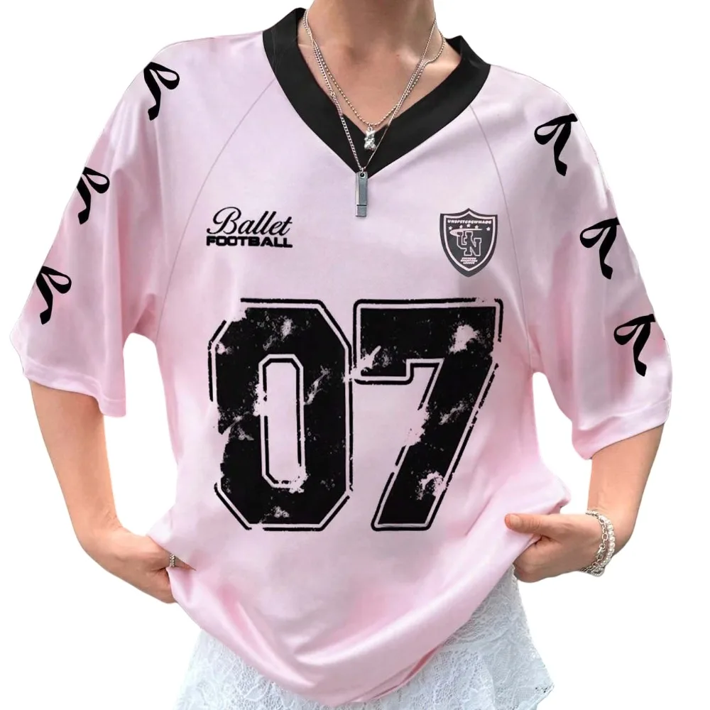 

Versatile V-neck Sports Tennis T-shirts Teenagers Adolescent Large Size Female Crop Tops Casual Loose Bow Letter Shirt Daily