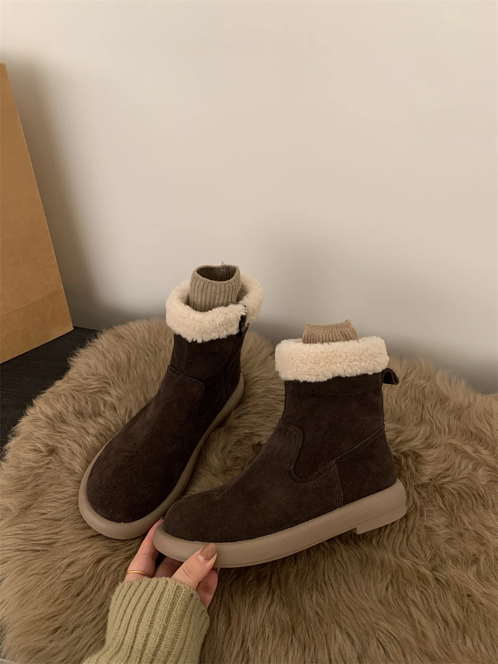 Winter Boots Lady Leather Women\'s Shoes Plush Zipper Round Toe Australia Flat Heel 2024 Fur Rubber Lolita Ankle Autumn Genuine