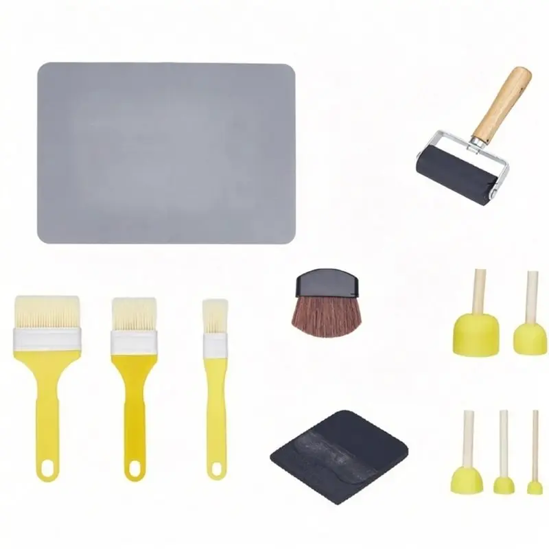 Kit de découpage ARBU-15 pièces, outils essentiels de découpage : éponge, brosse, tapis en silicone, rouleau en caoutchouc, grattoir en plastique, fibre.