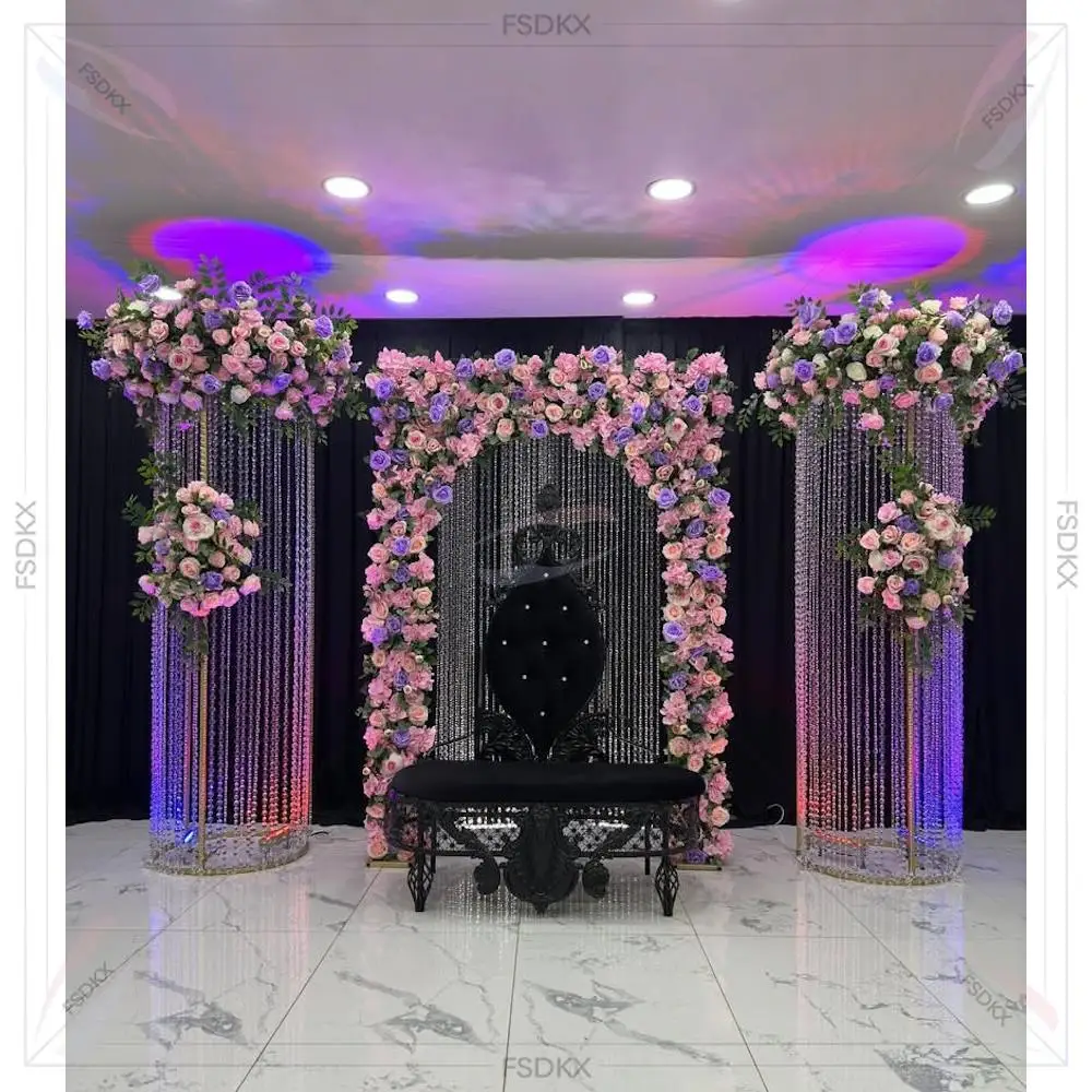 

Custom Crystal Wedding Chuppah Background Golden Stainless Steel Metal Arch Crystal Curved Backdrop