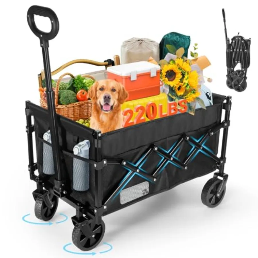 

220 LBS Collapsible Folding Wagon Cart HeavyDuty Wagons Carts Foldable with 360 All Terrain Wheels Large Capacity Outdoor Utili