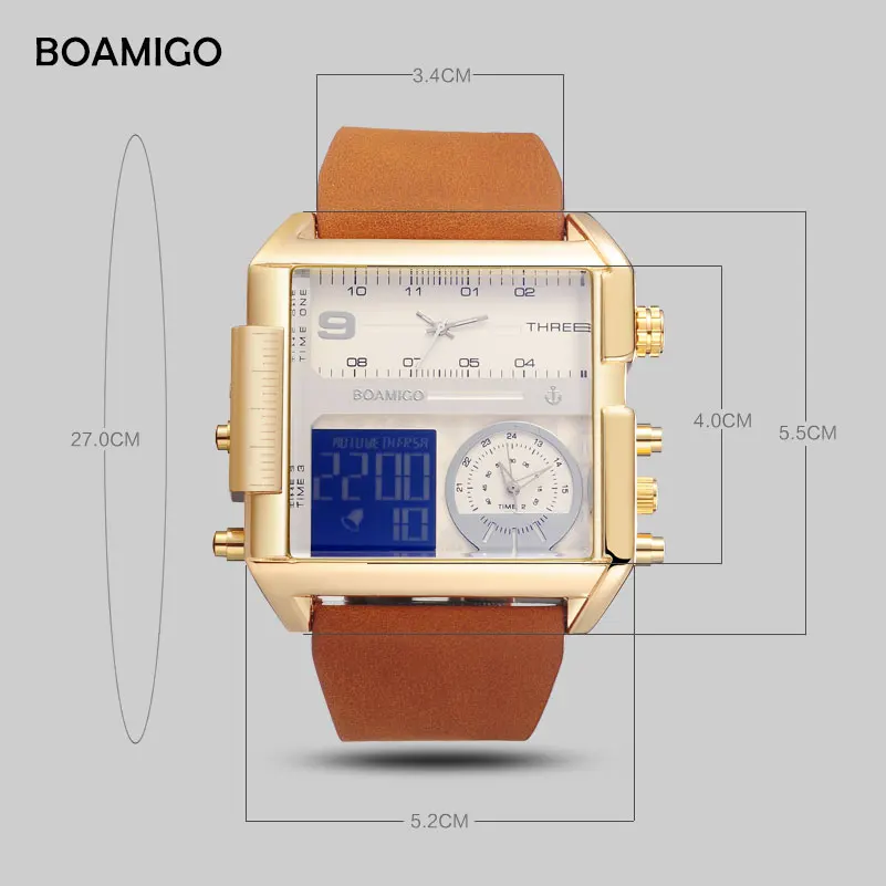 BOAMIGO brand men sports watches 3 time zone big man fashion military LED watch leather quartz wristwatches relogio masculino