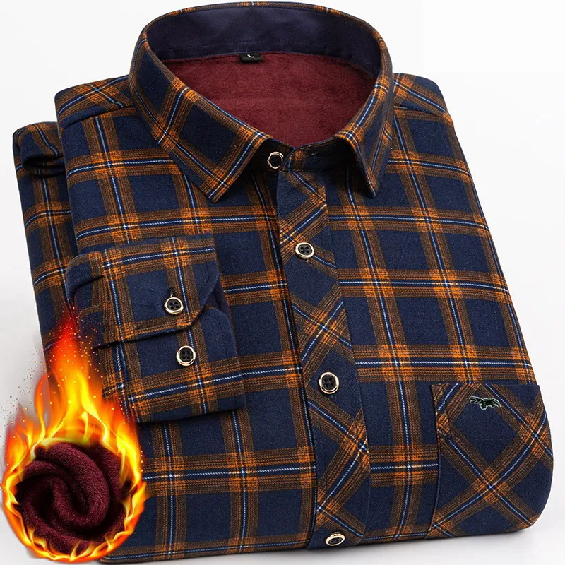 2022 Autumn/Winter New Men\'s Fashion Long Sleeve Plaid Shirt Fleece and Thick Warm Men\'s Casual High Quality Large Size Shirt