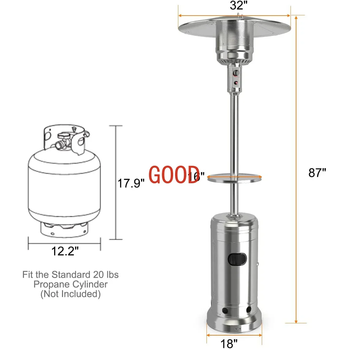 DEFINUO 48000 BTU Лучший уличный пропановый обогреватель, с регулируемой по высоте полкой, столешницей и колесами, заводской в Китае
