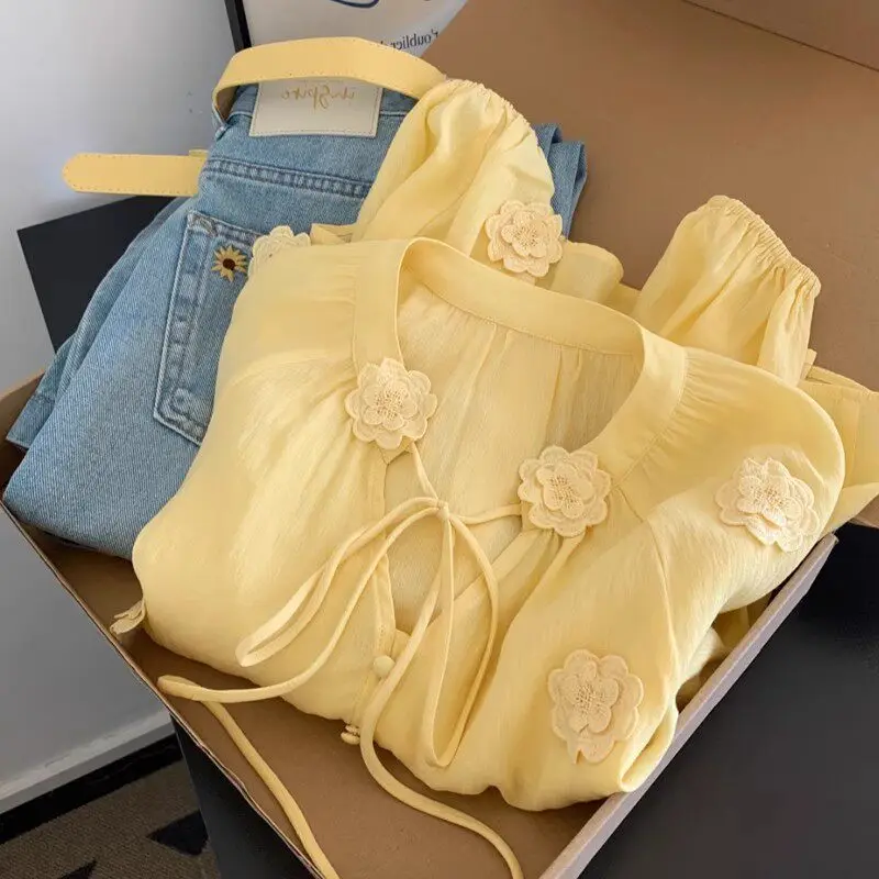 Flower-inspired Elegant Shirt for Women Summer Thin Style High-end Feel Off-shoulder V-neck Long-sleeved Pure Color Shirt,