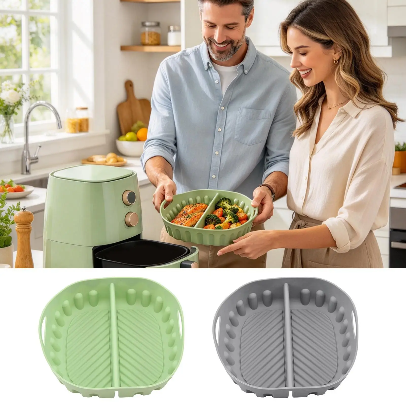 Divided Air Fryer Silicone Liner Reusable Square Cooking Tray with Built-In Side Handles Durable Universal Fit for All Air Fryer