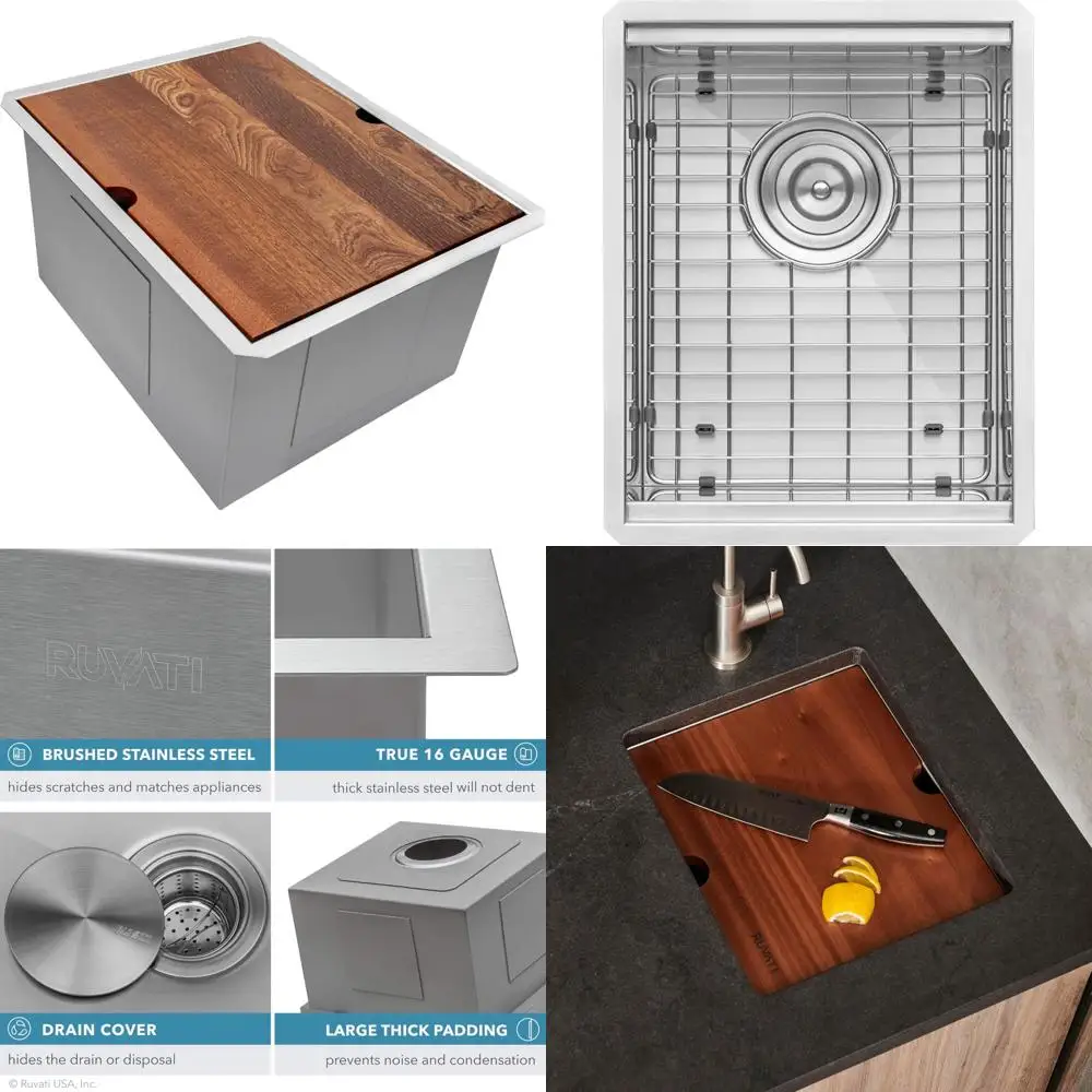 Ruvati 15 Workstation Bar Sink with Prep Ledge, Undermount, 16 Gauge Stainless Steel, Single Bowl RVH8304