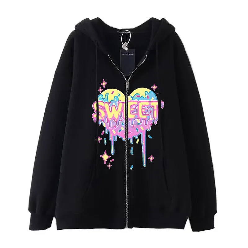 Autumn Winter Heart-Shaped Printing Hoodies Women New Fashion Hoody Loose Basic Hoodie Casual Streetwear Y2k Clothes