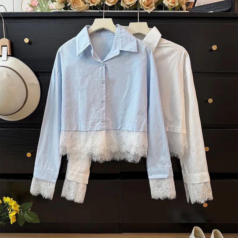 

Кружевная лоскутная рубашка из двух предметов, женская весенняя рубашка 202, укороченный топ с лацканами и длинными рукавами, милая универсальная офисная женская блузка