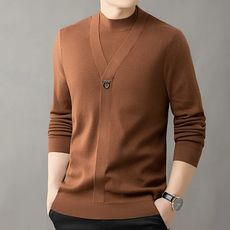 

Autumn Winter Men Fake 2PCS Sweater Beige Green Coffee Black Knitted Top Crew Neck Stylish Knitwear Simple Essential Tops OOTD
