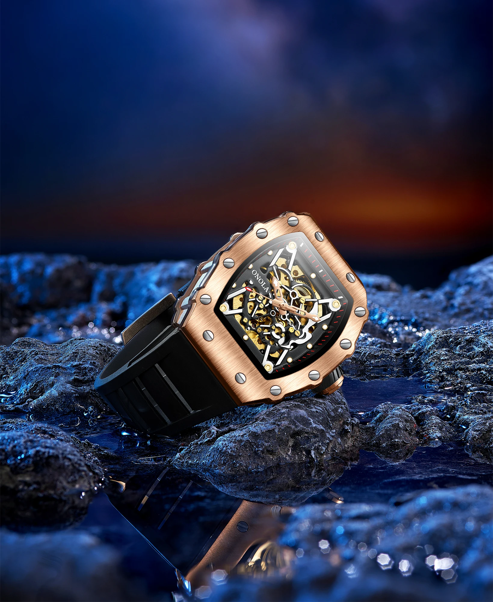 ONOLA ساعة جديدة للرجال موضة الأعمال ساعة اليد التلقائية مربع جوفاء عادية فاخرة مقاوم للماء ساعات ميكانيكي