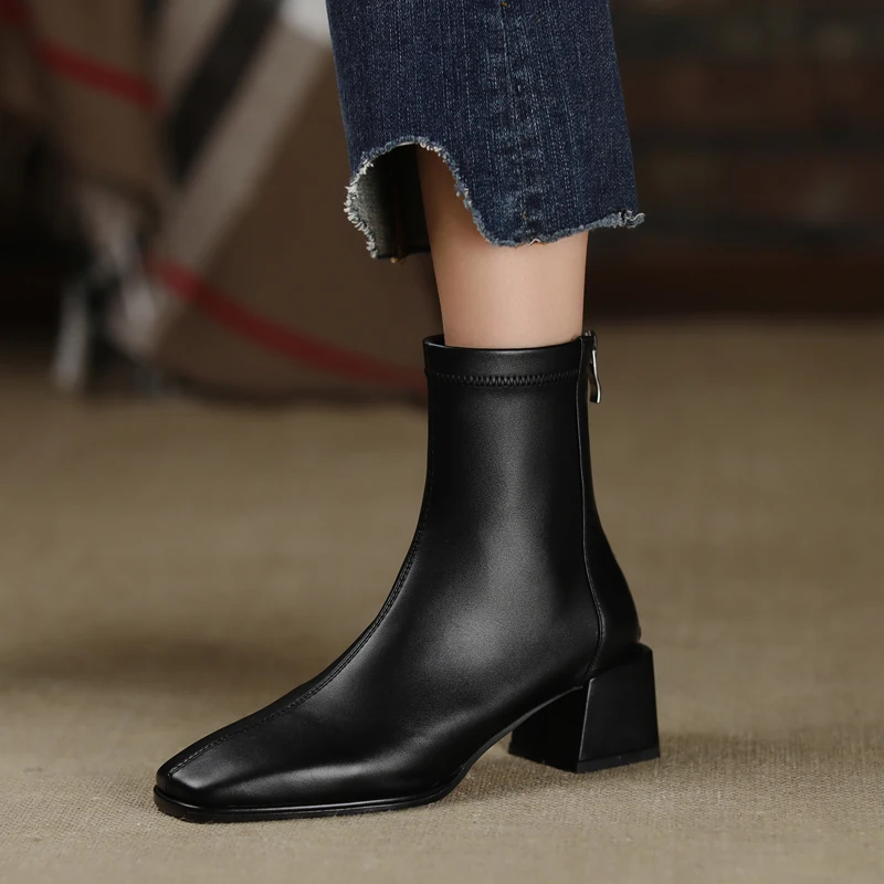 2023 New Autumn Women Leather Ankle Boots Fashion Female Mid Thick Heels Elegant Lady White Black Apricot Square Toe Zip Shoes