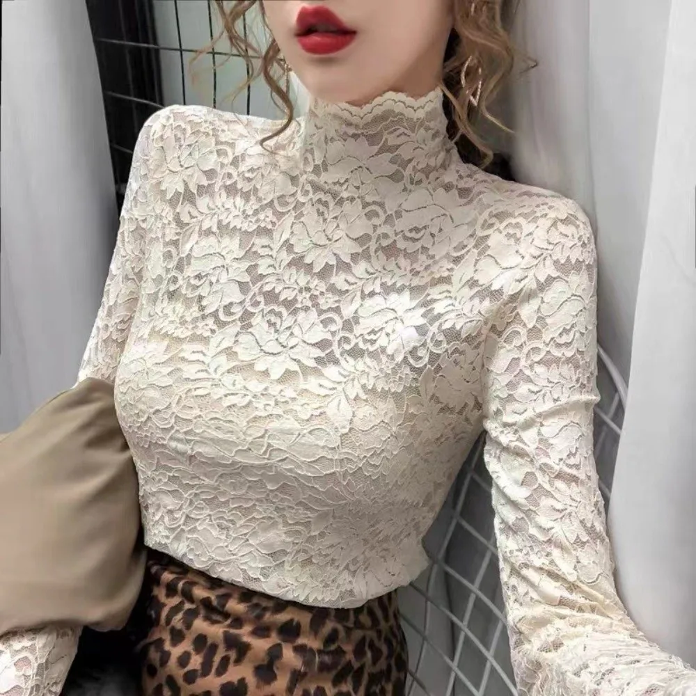 Autumn Winter Mock Neck Lace Top Floral Lace Slim Fit Base Shirt Hollow Out Long Sleeve Lace Tee Office Wear
