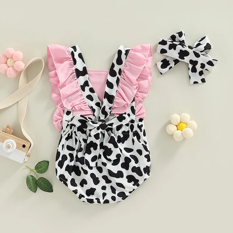 Summer Baby Girls Romper Dress Infant Sweet Style Cow Print Splicing Bow Decoration Fly Sleeve Suspender Jumpsuit + Headwear Set