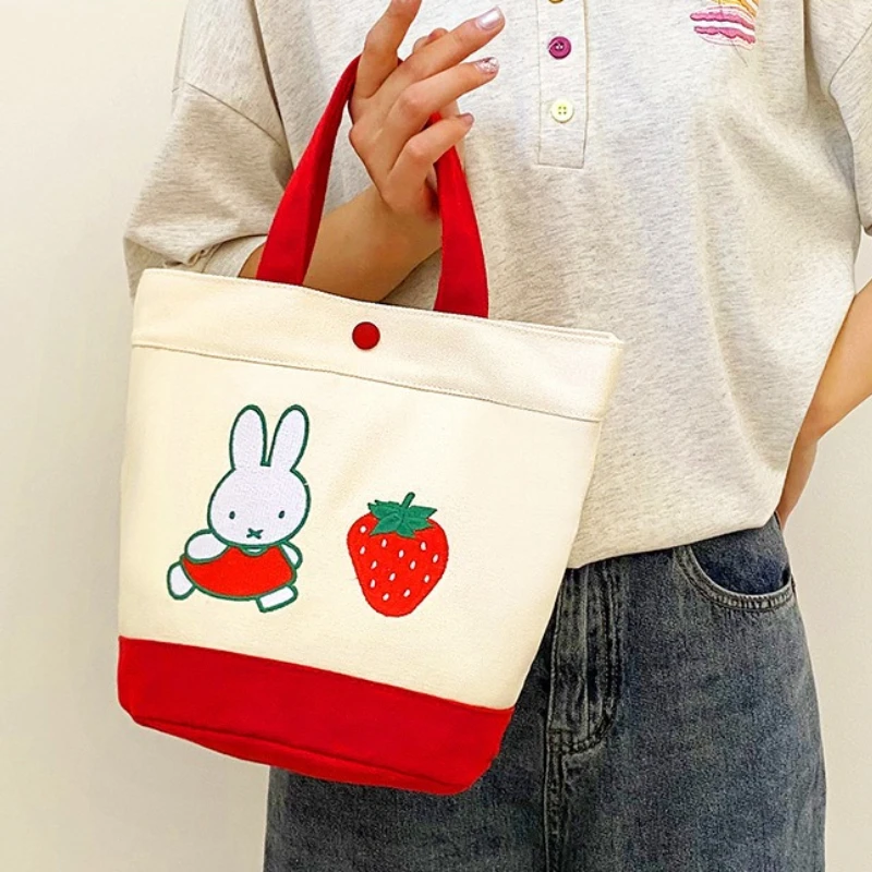 

New Miffy Series Strawberry Pattern Handbag Kawaii Creativity Cute Cartoon Canvas Embroidery Large Capacity Bucket Bag