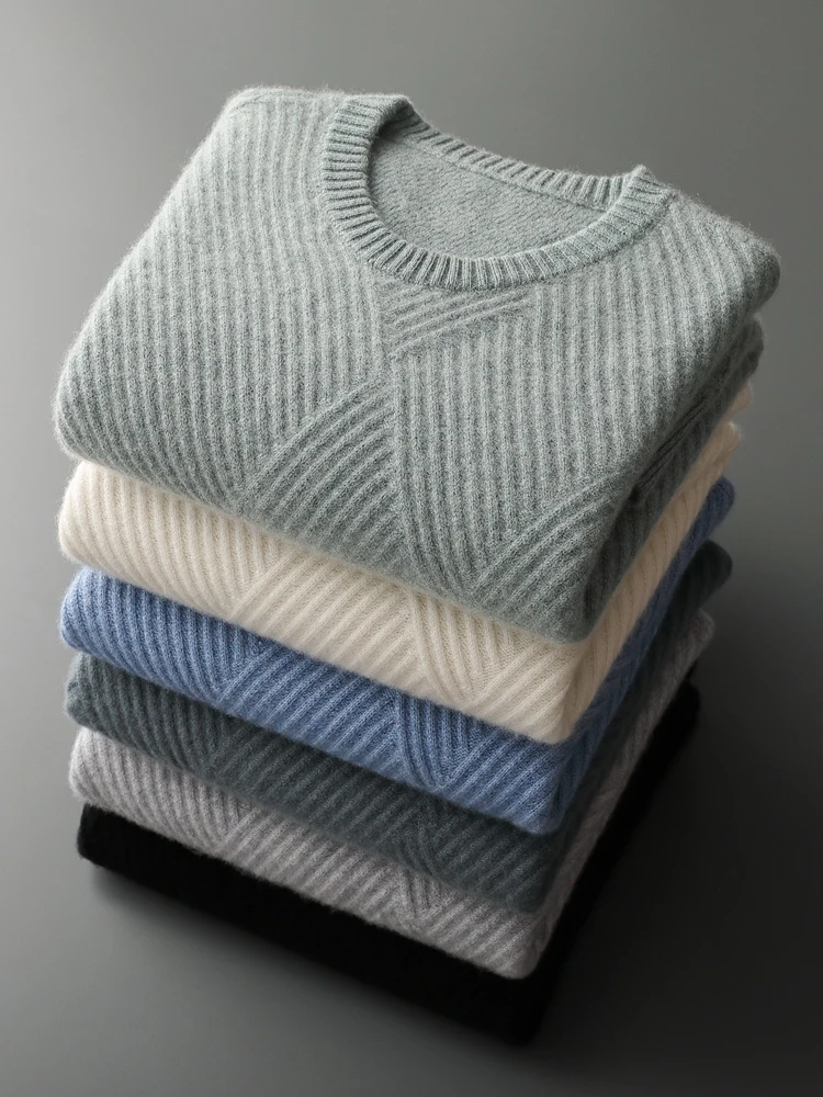 Autumn Winter Men's O-neck Pullovers Sweater 100% Goat Cashmere Knitwear Twist Flower Thick Long Sleeve Business Casual Warm Top