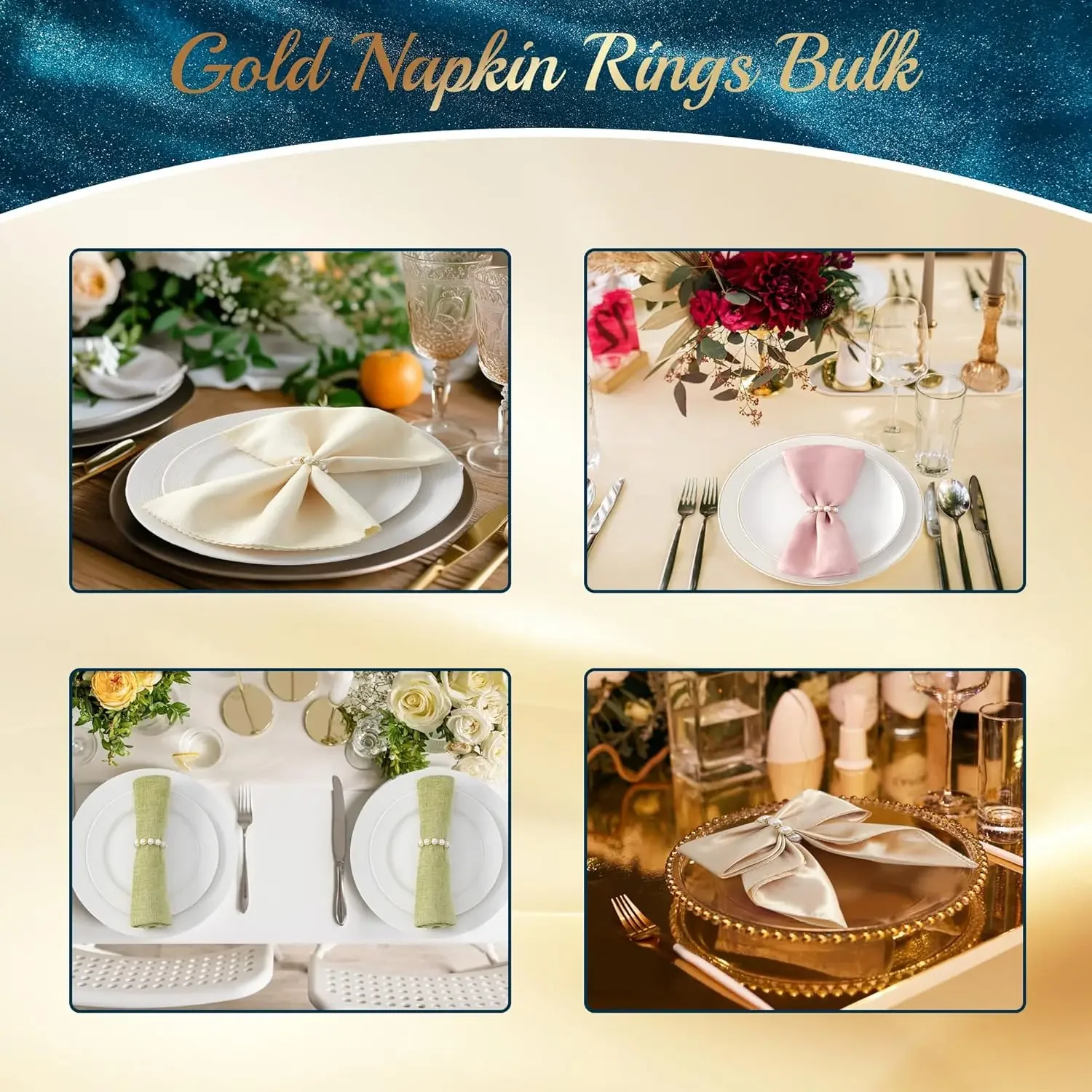 Gold Napkin Rings Set of 24/50/100 Imitation Pearl Elegant Elastic Serviette Holder for Wedding Party Dinner Decor