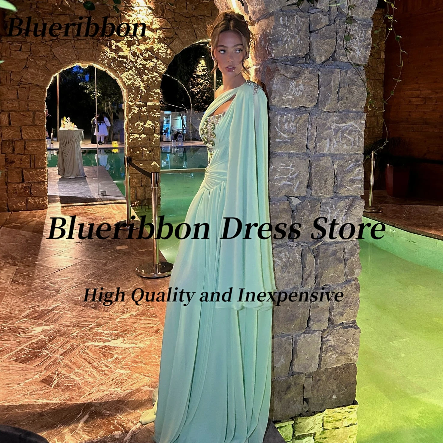 Blueribbon Keyhole één schouder galajurken op maat gemaakte kralen Robe Des Soiree lange ruches chiffon verjaardagsfeestje avondjurk