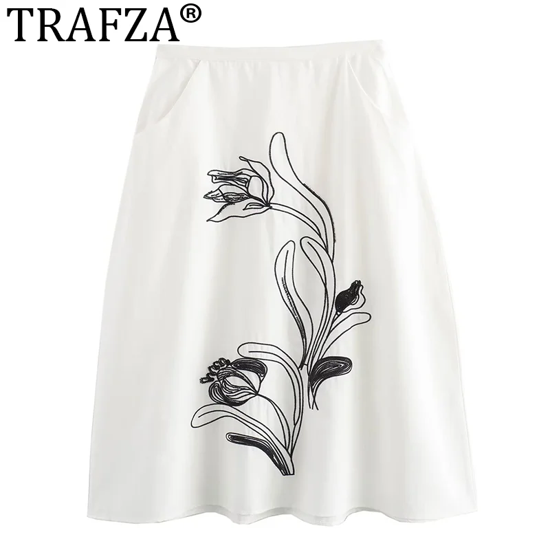 

TRAFZA 2024 Female Casual Long Skirts White Print High Waist Pockets Embroidery Decorate Zipper Summer Skirts Woman Trendy TRAF