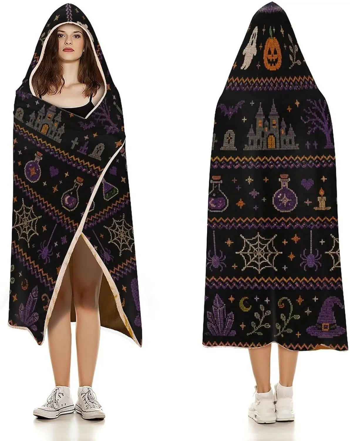 Vintage Halloween Wearable Blanket with Hooded, Pumpkin Ghost Hooded Blanket, Halloween Party Gift for Adults Kids