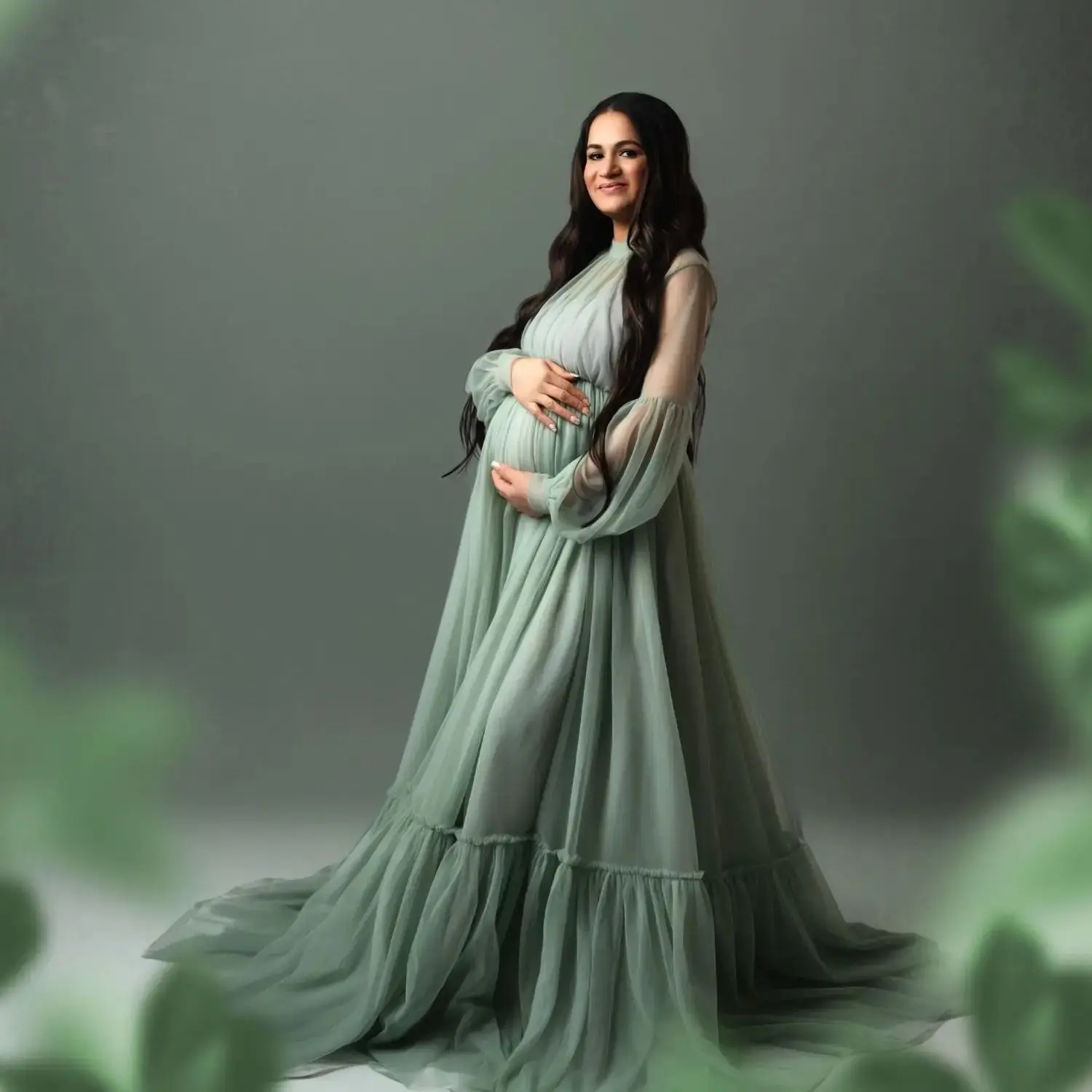 Mint Green Maternity Dresses for Photoshoot Modest Tulle Gala Dress Women High Neck Long Customized  Babyshower Pregnancy Dress