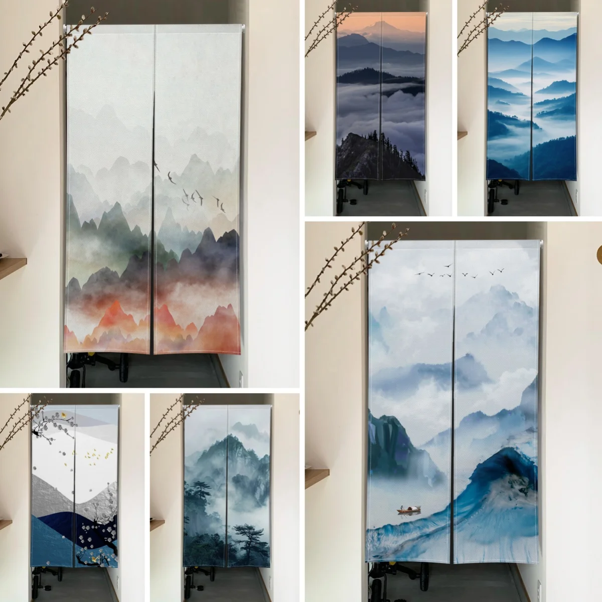 Traditional Japanese Landscape Noren Door Curtain With Mountain Lake Design Hanging For Partition Living Room Bedroom Home Decor