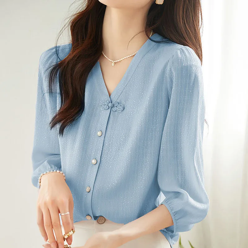 Women\'s Shirt Fashion Elegant Solid Color V-Neck Blouse 2024 Summer Female Clothing Sweet Loose 3/4 Sleeve Chiffon Button Tops