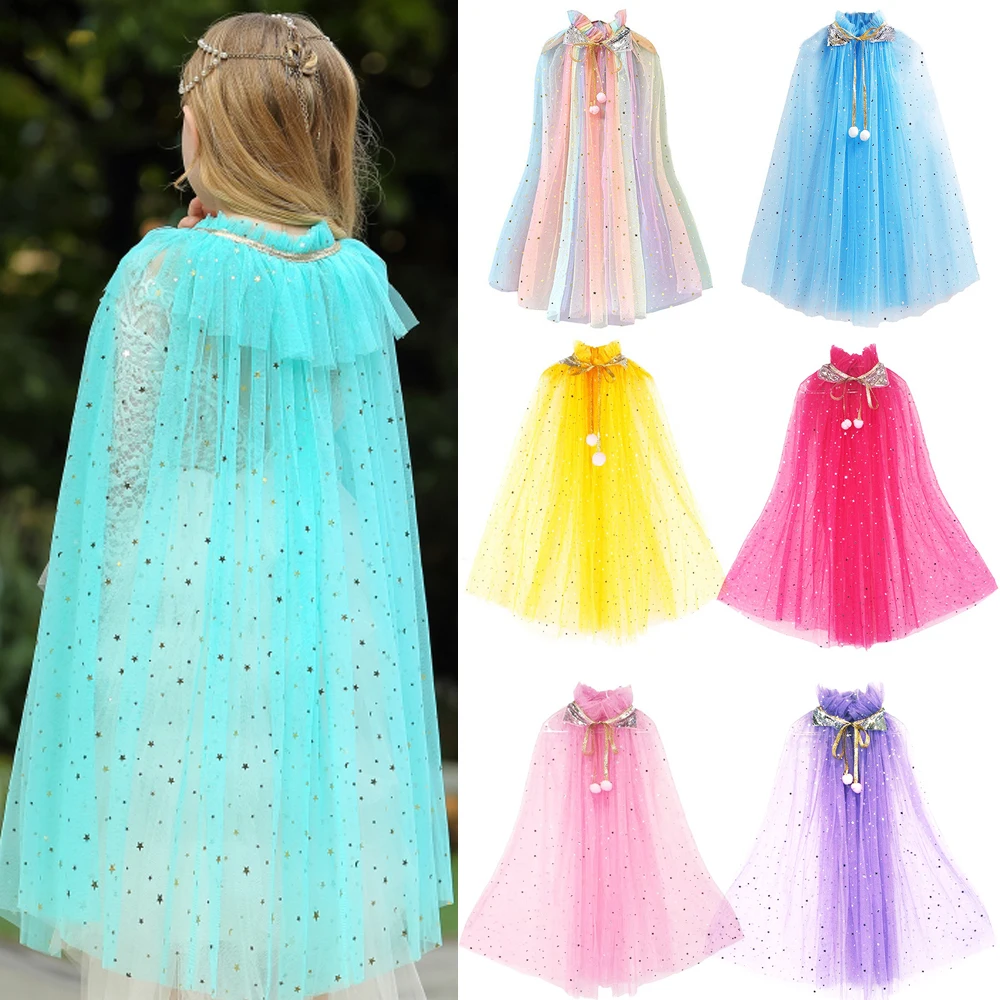 Mädchen Prinzessin Party Zubehör Umhang Elsa Kostüm Cape Rapunzel Aurora Pailletten Tüll Halloween Mantel