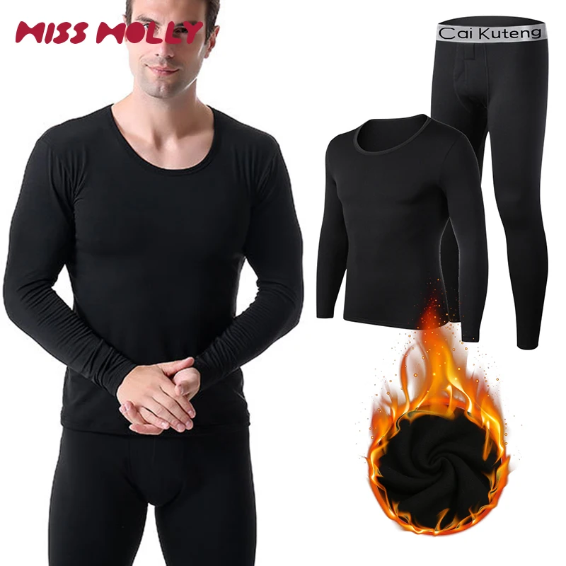 2Pcs Mens Underwear Winter Long Sleeve Thermal Underwear Thick Fleece T-shirt Round Neck Slim Bottoming Shirt and Pants White