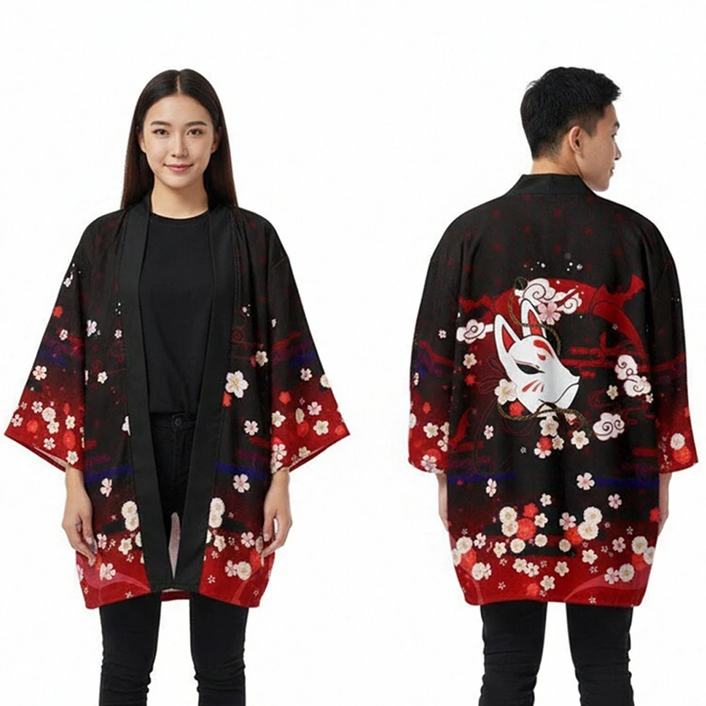 日本の侍コスプレ衣装 着物 ケープ 衣装 狐柄着物 男女兼用 伝統的な開襟式上着 羽織 浴衣 着物