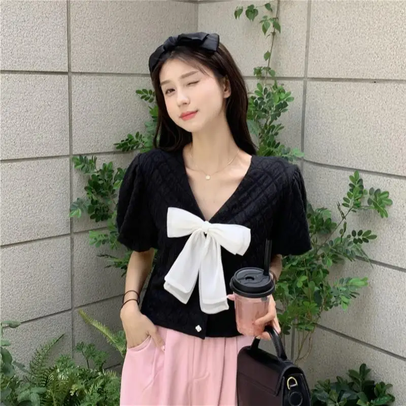 Bow Patchwork V Neck Short Shirt Tops Summer New Short Sleeve Solid Color All-match Korean Blouse Fashion Sweet Women Clothing