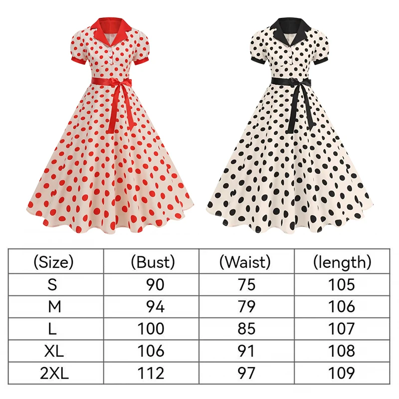 Vintage Polka Dot Sommerkleid Damen 1950er 60er Jahre Kerbkragen Kurzarm Gürtel Elegante Retro Kleidung Party Casual Kleid Neu