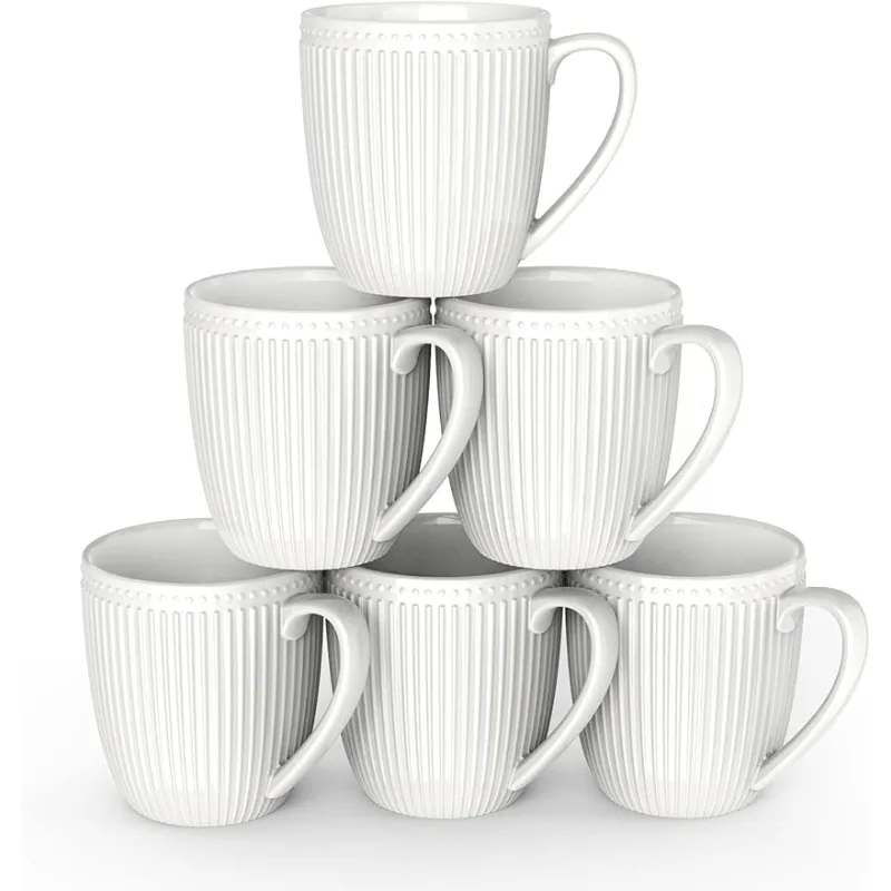 Set of 6, 16 Oz White , Porcelain, Large and Easy to Grip Mug Sets, Embossed Coffee Cup Set