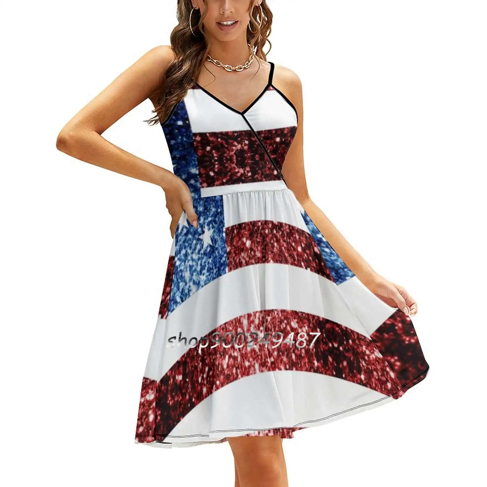 

Usa Flag Red Blue Faux Sparkles Glitters Sling Dress Summer Dress Sling Sexy A Line Dress Fashion Female Dress Glimmer Trendy