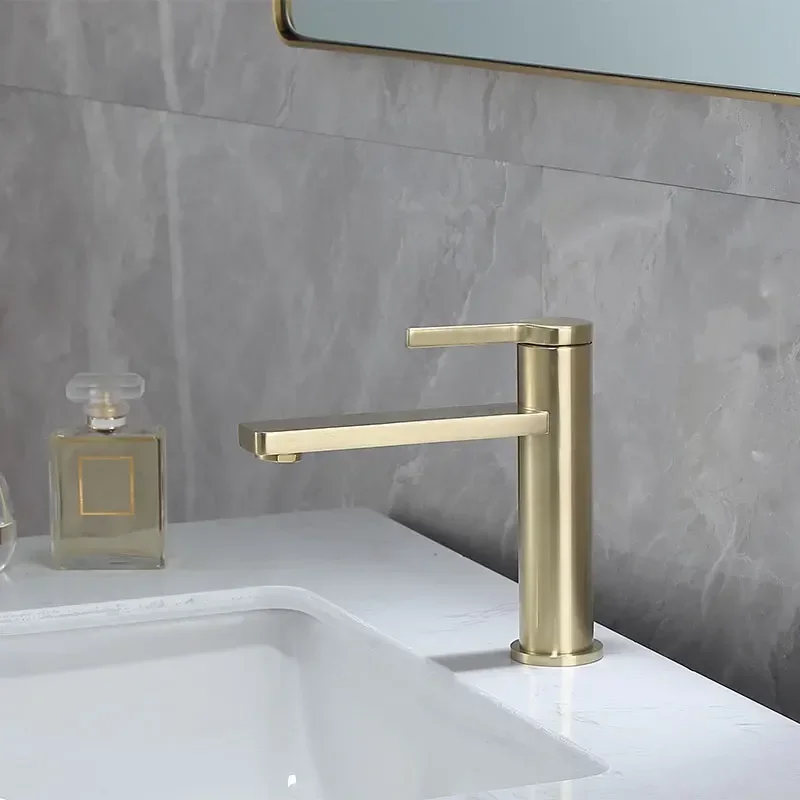 Brushed Gold Bathroom Total Brass Basin Faucet Cold And Hot Water Mixer Sink Tap Single Handle Deck Mounted