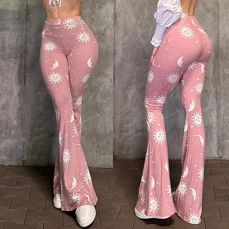 

European-style women's autumn and winter new abstract print slim high waist flared pants ladies yoga pants casual pants 2024