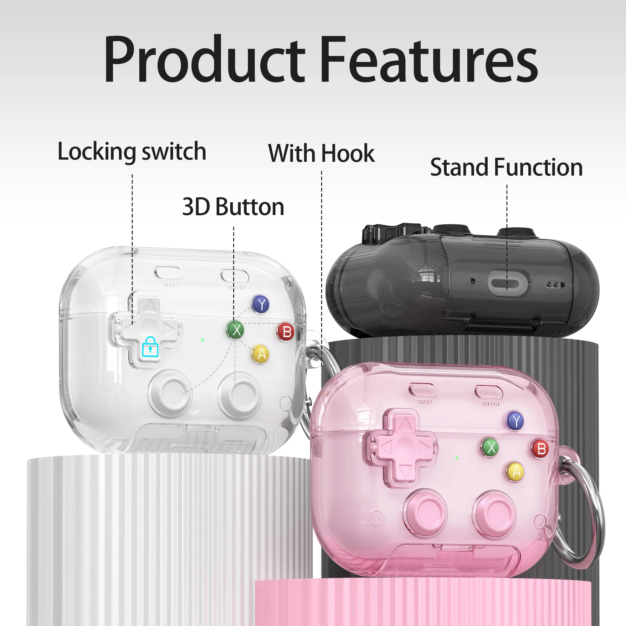 Hard Shell Game Console Design for AirPods 5/Pro 3/2/4 Cases Cover with Secure Lock Clip Protective Cover Headphone Accessories