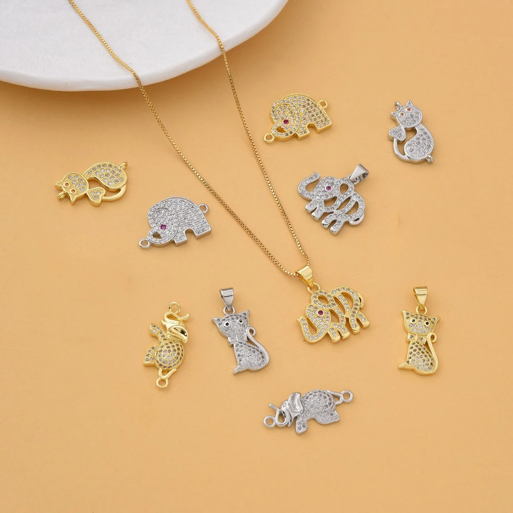 3Pcs Pave Inlay Zircon Copper Plated Pendant DIY Jewelry Accessories Bracelet Necklace Making Connector Cat Elephant Hollow Part