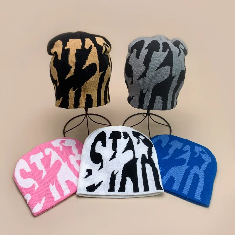 Gorros de lana con letras Street STAR, estilo color block, cálidos, versátiles, para otoño e invierno, estilo hip hop, retro, para skate.
