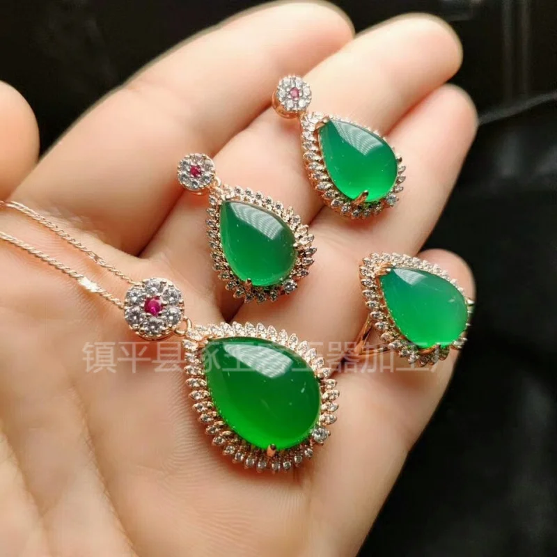 Chalcedony S925 Silver Plated Inlaid Women'S Three-Piece Set Jade Pendant Ornament