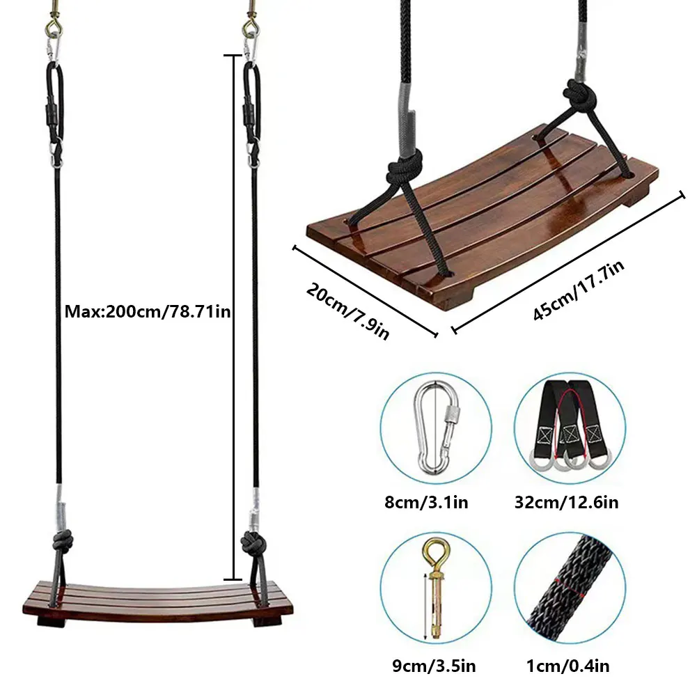 Columpio de madera maciza, columpio Simple de un asiento, carga máxima de 440 libras, columpio curvo, columpio de cuerda para exteriores para jardín, Patio