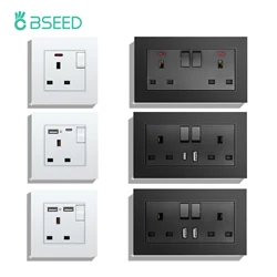 BSEED Single Type-c USB UK Socket Double Wall Power Sockets With Dual USB AC Ports On Off Switch Button Glass Panel 13A