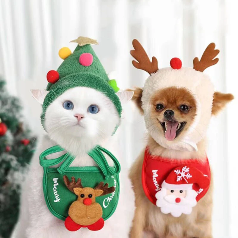 Christmas Pet Hat Cat Dog Cute Saliva Towel Christmas Pet Funny Antlers Cosplay Costume New Year Party Dog Grooming Accessories