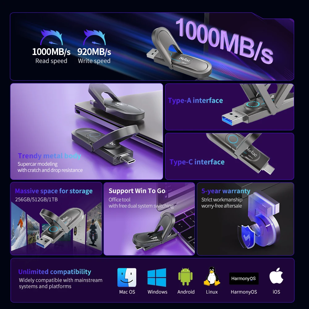 Netac USB 256 GB 512 GB 1 TB USB 3.2 Gen2 Flash-Laufwerk US9 Pendrive Typ C Typ A USB-Flash-Laufwerk Kostenloser Versand – Detail 2