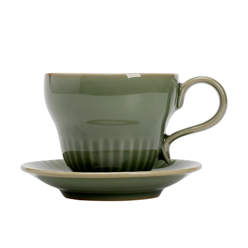 HYS retro celadon green vertical coffee cup with saucer set ceramic drinking cup breakfast cup milk view 5