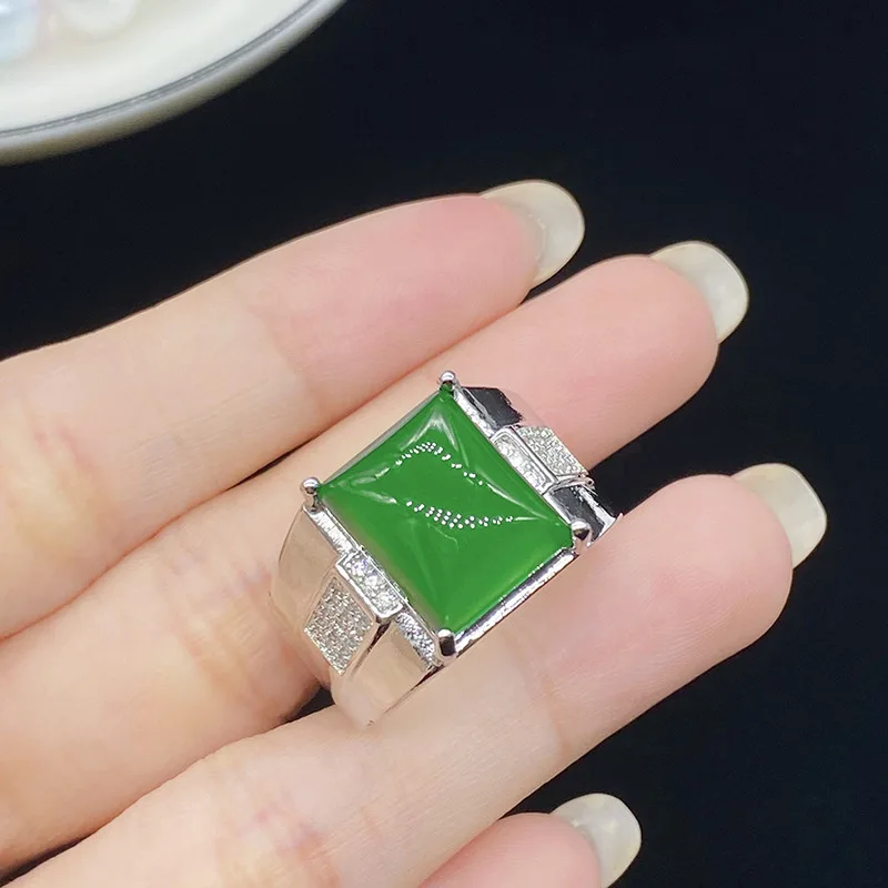 Simulated natural ice-like jadeite beryl gemstone men's ring - high-end full-diamond fashionable jewelry
