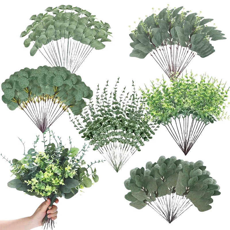 200 Pcs 6 Kinds Mixed Eucalyptus Leaves Stems Bulk Artificial Eucalyptus Leaves for Wedding Vase Floral Arrangement Decor